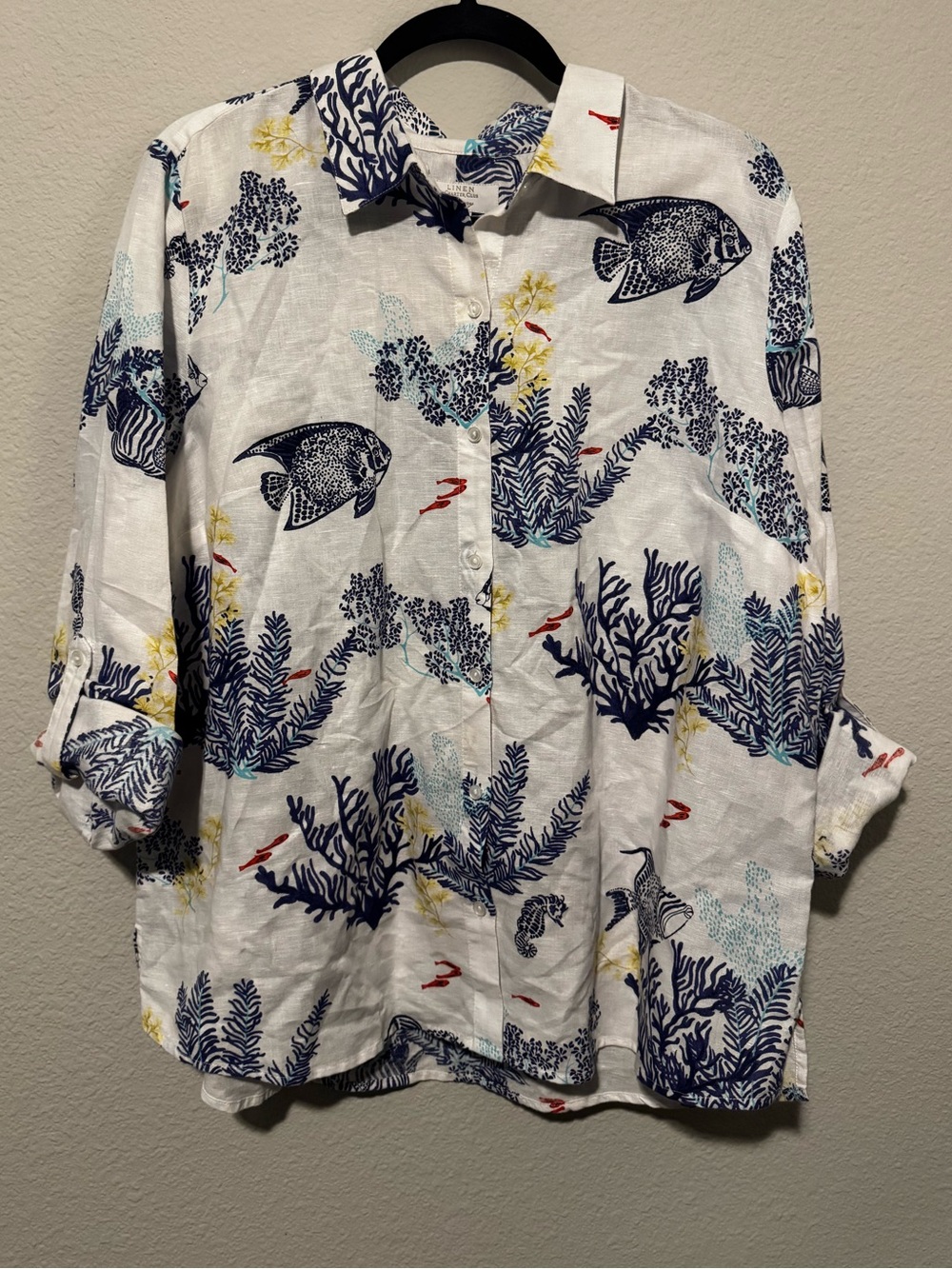 Charter Club linen luxury novelty print button down shirt